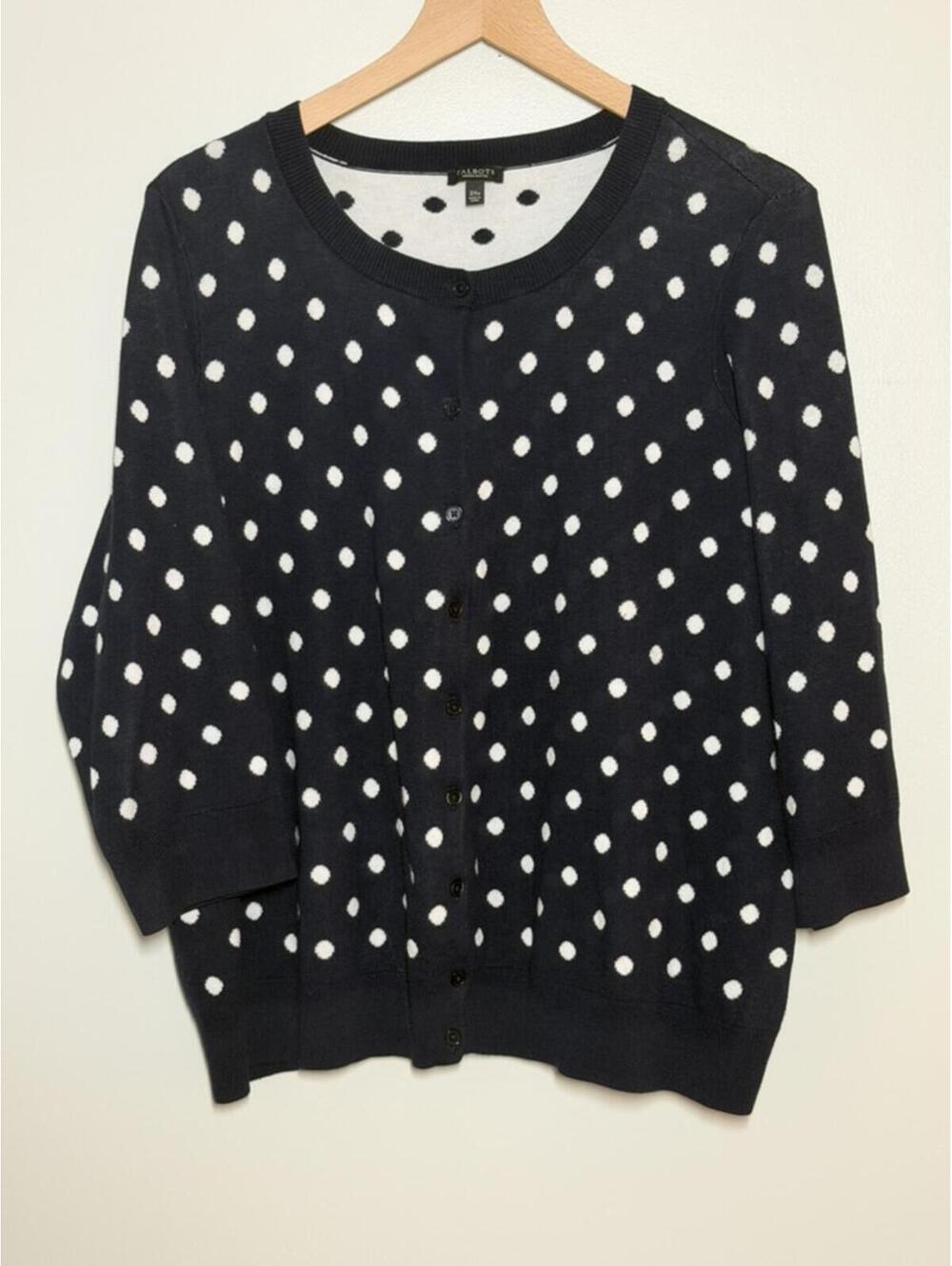 Talbots  Petites Womens 2XP Navy White Polka Dot Cardigan Sweater Cotton Rayon